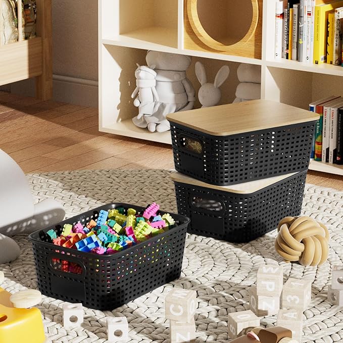 6Pcs Storage Bins with Lids, Stackable Plastic Storage Basket with Bamboo Lid - Image 7