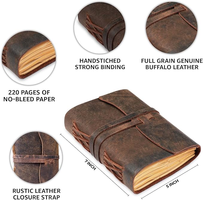 LEATHER VILLAGE Leather Bound Journal - Rustic Brown, 7"X5", 220 Pages - Vintage Blank Paper Diary for Writing, Drawing, Sketchbook, and Travel Notebook - Ideal for Women and Men-DeskLoop Office