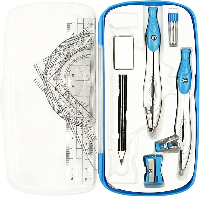 Lifreer Geometry Set,10 Pcs Protractor and Compass Set, Math and Ruler Set for Students, Class Supplies, and School - Essential Compass Geometry Tools for Precision and Quality (Blue)-DeskLoop Office