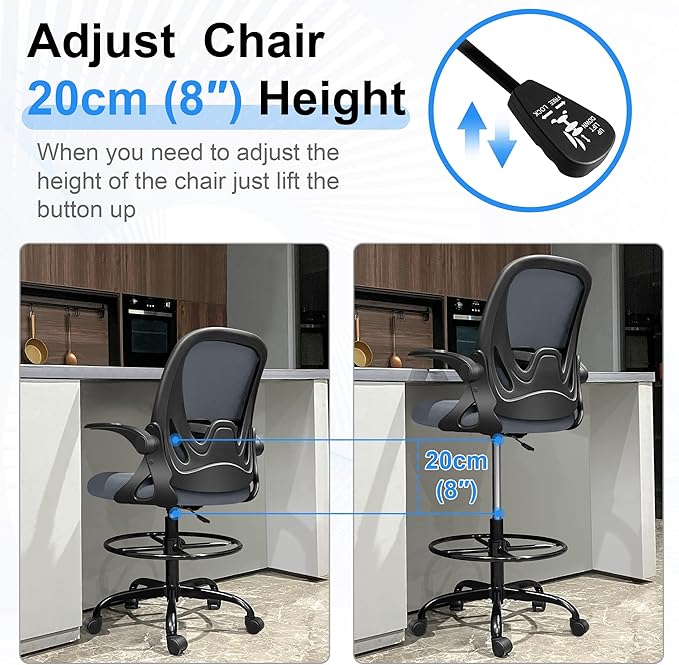 Primy Drafting Chair Tall Office Chair with Flip-up Armrests Executive Ergonomic Computer Standing Desk Chair with Lumbar Support and Adjustable Footrest Ring（Dark Gray）-DeskLoop Office
