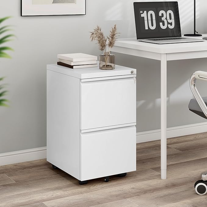 YITAHOME 2 Drawer File Cabinet with Lock, Mobile Metal Filing Cabinet for Letters/Legal/A4 Size, Home Office & Business Enterprise, Fully Assembled Except Wheels, White-DeskLoop Office