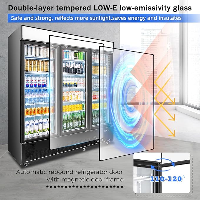 Commercial Beverage Refrigerator with 3 Glass Doors 56 Cu.ft Display Merchandiser Cooler Bar Black Drink Fridge for Convenience Stores, Supermarkets,Bars,Offices-DeskLoop Office
