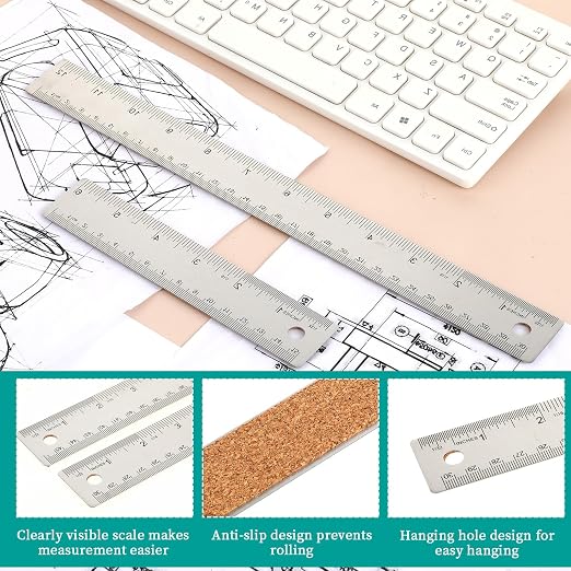 Metal Ruler with Cork Backing 6+12+18 Inch Stainless Steel Metal Ruler Non-Slip - Image 4