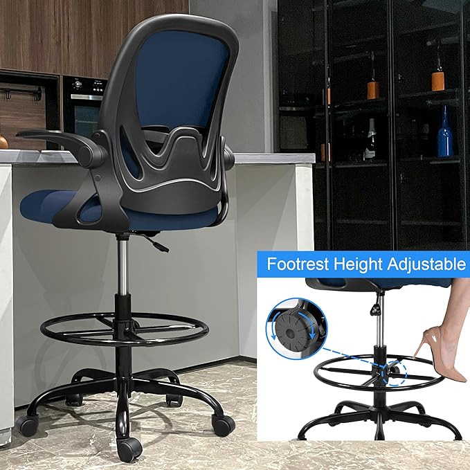 Drafting Chair, Tall Office Chair Ergonomic Standing Desk Chair,with Adjustable Footrest Ring, 3D Lumbar Support, Flip-up Armrests, Swivel Desk Stool for Drawing Working Navy-DeskLoop Office