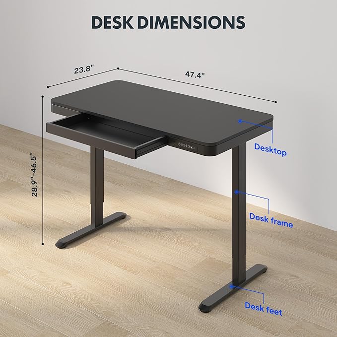 FLEXISPOT Comhar Electric Standing Desk with Drawer Desktop & Adjustable Frame Quick Install w/USB Charge Ports (Black, Wood)-DeskLoop Office