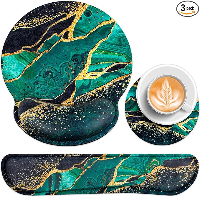 Mouse Pad Green with Wrist Rest Set, 3-in-1 Wrist Support Mousepad Set by QOMOLAMA