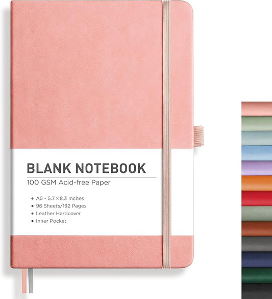 RETTACY Blank Journal Notebook, 192 Pages, A5 Medium Size (5.7'' x 8.3''), Leather Hardcover, 100 GSM Thick Paper, for Sketching, Drawing, Painting (Pink)-DeskLoop Office