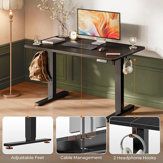 Huuger 48 x 28 Large Electric Standing Desk, Height Adjustable Desk, 27.6" Deep Desktop, Stand up Gaming, 2 Hooks, 3 Preset Heights, for Home Office, Black-DeskLoop Office