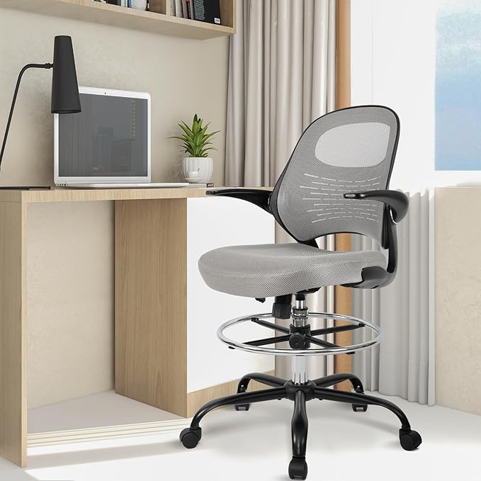 HYLONE Tall Drafting Chair Standing Desk Chair with Flip-Up Armrests, Adjustable Height Ergonomic Office Chair with Footrest Ring - High Stool Chair for Standing Desk（Grey）-DeskLoop Office