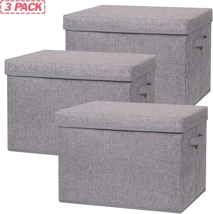 3 Pack Large Foldable Storage Box with Lids Fabric Storage Cube Organizer Cloth Containers Bins Baskets for Closet Clothes Clothing Bed Room-DeskLoop Office