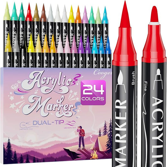 24 Colors Dual Tip Acrylic Paint Markers, Fine Tip and Brush Tip Permanent by CoogertPaintPens