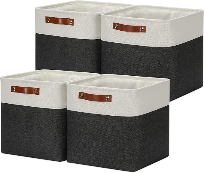DULLEMELO Set Of 4 Cube Storage Bins, Fabric Storage Basket for Shelves Closet Nursery Toy Storage, 12 Inch Collapsible Fabric Bins for Toy Book Magazine Towel Organizers(4 Pack - 12" White&Black)-DeskLoop Office