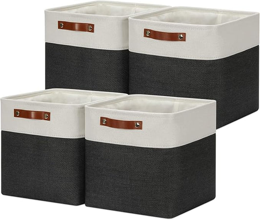 DULLEMELO Set Of 4 Cube Storage Bins, Fabric Storage Basket for Shelves Closet Nursery Toy Storage, 12 Inch Collapsible Fabric Bins for Toy Book Magazine Towel Organizers(4 Pack - 12" White&Black)-DeskLoop Office