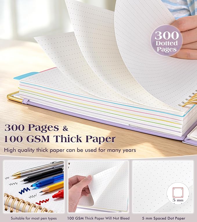 5 Subject Dotted Notebook with Removable Dividers Tabs, 300 Pages Hardcover - Image 5