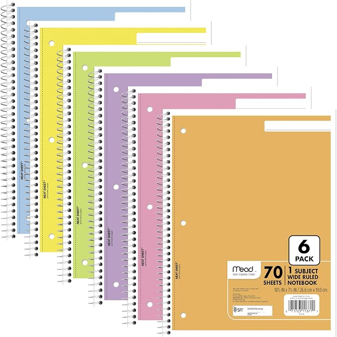 Mead Spiral Notebook, 6 Pack, 1 Subject, Wide Ruled Paper, 7-1/2" x 10-1/2" by Mead