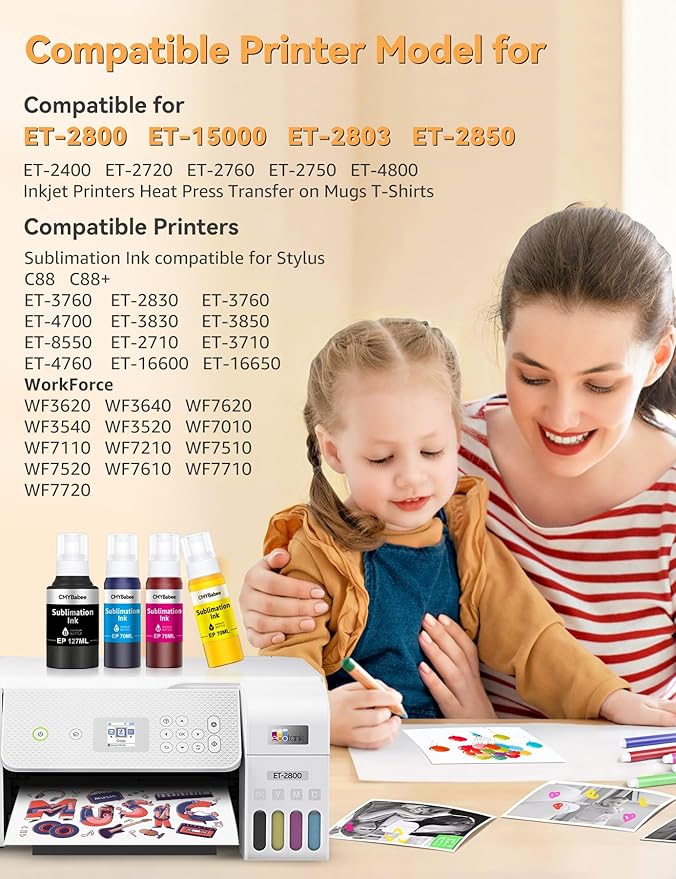CMYBabee Sublimation Ink Refill Bottles Compatible for Epson Printers ET2800 ET15000 ET8550 ET2400 ET4800 ET2850 ET2803 ET3830 ET3850 ET4850 Heat Press Transfer on Mugs T-Shirts(4 Pack)-DeskLoop Office