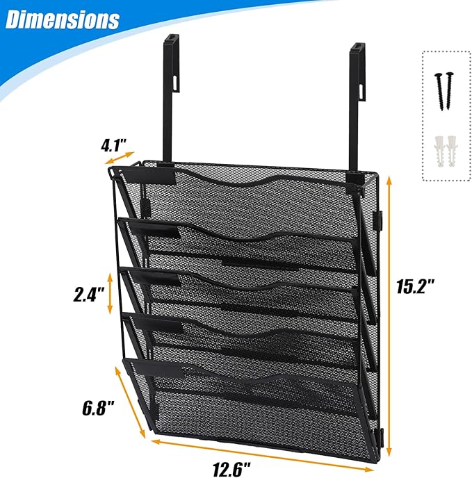 EASEPRES 5 Pocket Mesh Hanging Wall File Organizer with Hangers & Nametag Label, Wall Mounted Mail Paper Document Folder Holder, Clipboard Storage Organization Magazine Rack for Office Cubicle, Black-DeskLoop Office