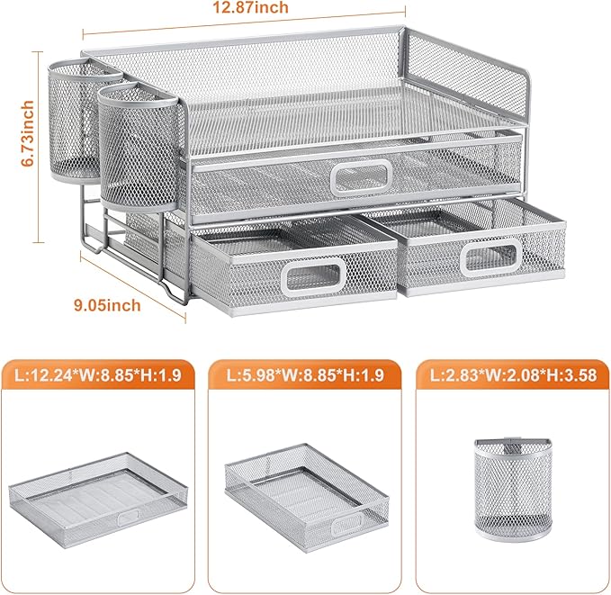 Marbrasse 3 Tier Mesh Desk Organizer with Drawer, Multi-Functional Desk Organizers and Accessories, Paper Letter Organizer with 2 Pen Holder for Home Office Supplies (Silver)-DeskLoop Office