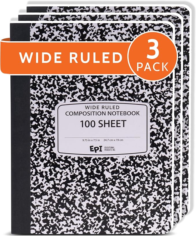3 Pack - EPI Marble Hardcover Wide Ruled Composition Notebook | 200 Pages by EPI