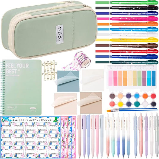 No Bleed Bible Highlighter Pen Set Study Supplies for Women - Pencil Pouch,12 Highlighters with 75 Tabs, 16 Gel Pens ( Black & Color Ink ) Notebook - Bible Journaling Catholic Christian Gift, Green-DeskLoop Office