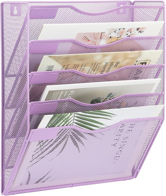 EASEPRES 5 Pocket Mesh Hanging Wall File Organizer, Wall Mounted Mail Paper Document Folder Holder, Clipboard Storage Organization Magazine Rack with Nametag Label for Office Home School, Light Purple-DeskLoop Office