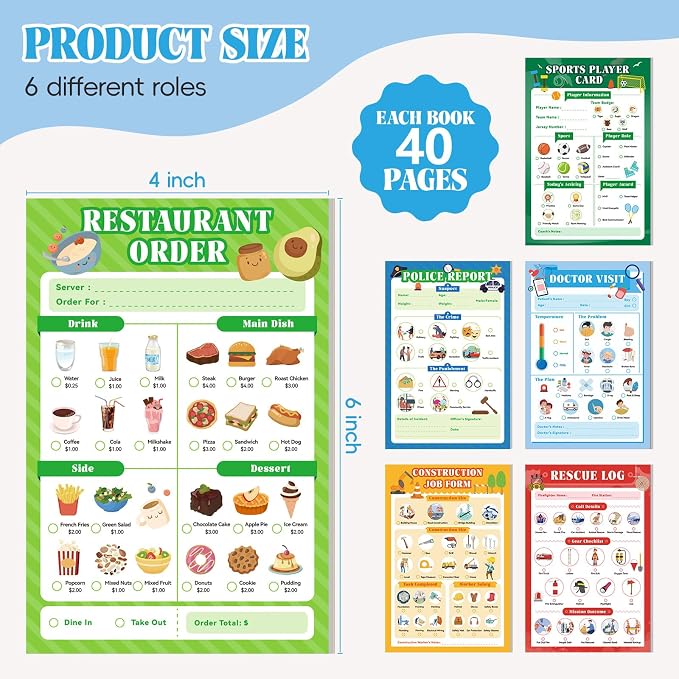 6 Pack Kids Pretend Play Notepads, 40 Pages Kids Playtime Pads - Image 2