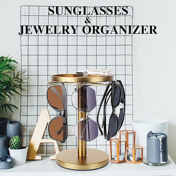 360° Rotating Sunglass Organizer Storage, Stainless Steel Glasses Holder Stand, Glasses Organizer with Tray for Desk, Dresser, Tabletop, Nightstand and Home Decor (Gold)-DeskLoop Office