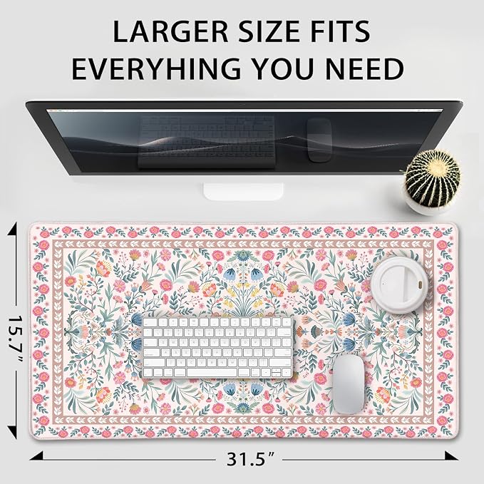 Pink Floral Desk Mat 31.5"x15.7" | Extra Large Mouse Pad, Non-Slip Rubber Base - Image 7
