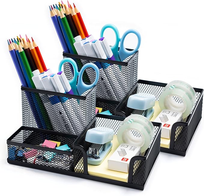2 Pieces Pen Holder Mesh Metal Pencil Holder Desk Organizers Black for Desk Office with 3 Compartments Pencil Holders,Desktop Storage Caddy Organization,Suitable for School, Home,Black-DeskLoop Office
