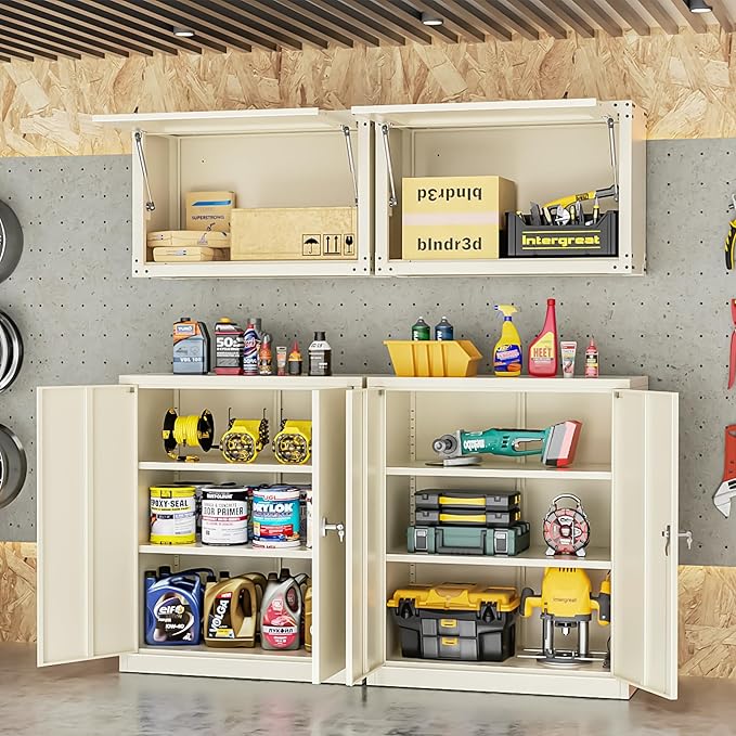 INTERGREAT Metal Cabinet with Lock, Lockable Metal Storage Cabinets with Doors and Shelves for Garage, Cream Grey Locking Garage Storage Cabinets 36"×32"×16"-DeskLoop Office
