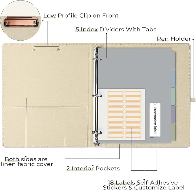 EYROZILL 3 Ring Binder, 1 Inch Linen Binder Organizer - Image 2