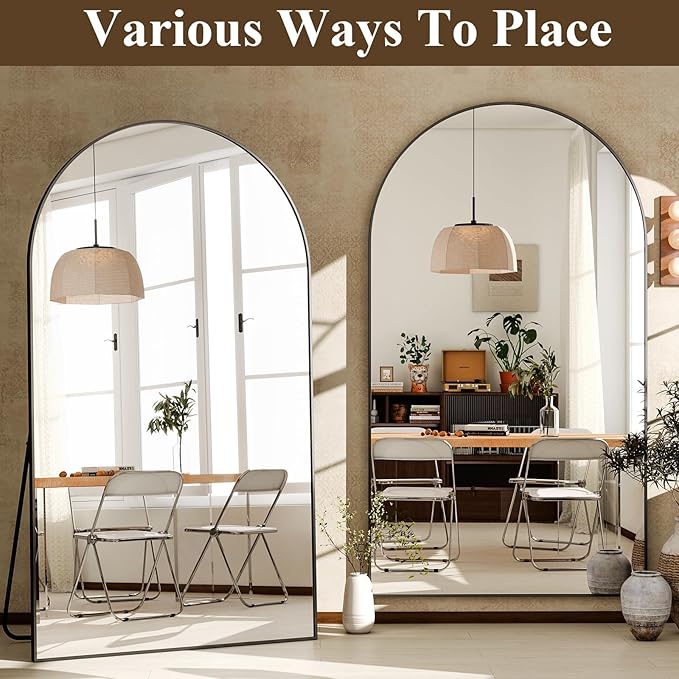 GLSLAND 72" x 44" Arched Full Length Mirror - Oversized Aluminum Alloy Frame Full Body Floor Mirrors with Stand Wall Mounted for Bedroom/Living Room, Black-DeskLoop Office