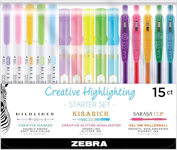 Zebra Pen Creative Starter Set 15-Pack, Includes 5 Kirarich Highlighters by ZebraPen