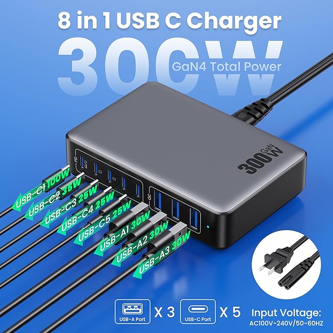 USB C Charger 300W USB C Charger Block 8-Ports GaN IV Fast Charging Station,PD 100W Laptop Hub Wall Charging Adapter Compatible with MacBook/Air,DELL,Steam Desk,iPhone 16/15/14,Samsung Galaxy S24 etc-DeskLoop Office