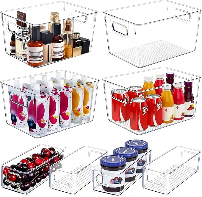 SKTEET Set of 8 Clear Plastic Storage Bins, 4 Large and 4 Small Stackable by SKTEET