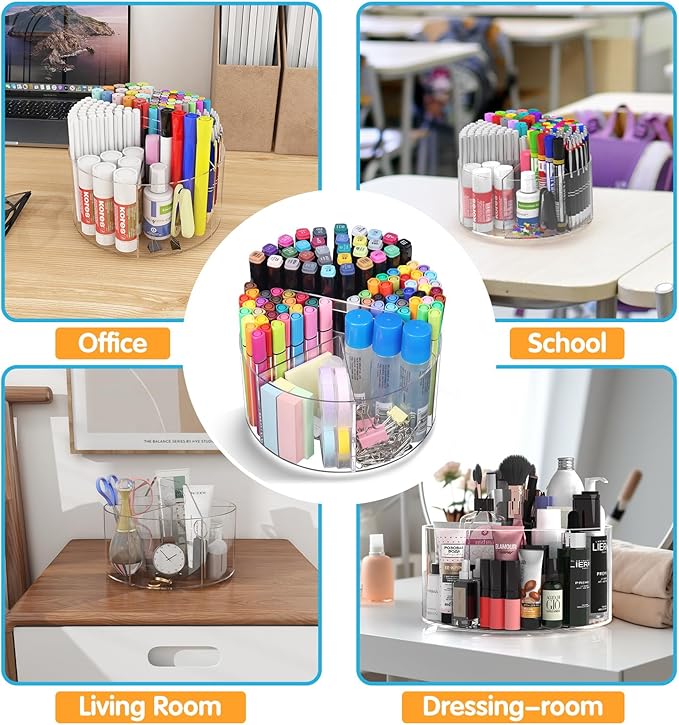 Acrylic Pen Holder, 360 Degree Rotating Pen Organizer, Rotating Desk Acrylic Office Organizer with 6 Compartments, Marker Organizer for Kid, Crayon Caddy School Art Supply Storage Organizer-DeskLoop Office