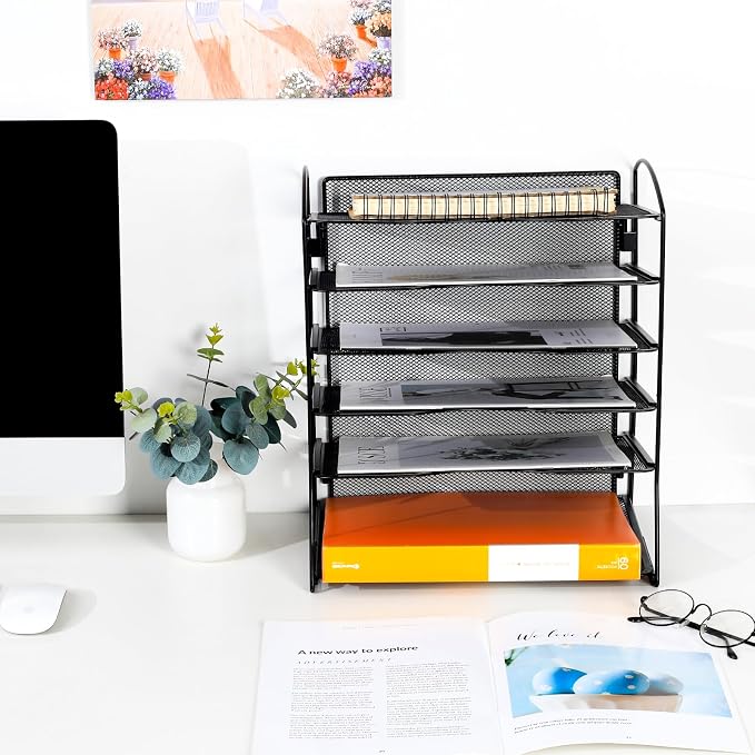 6 Tier Metal Desk File Organizer, Office File Folder Holder Letter Tray - Image 3