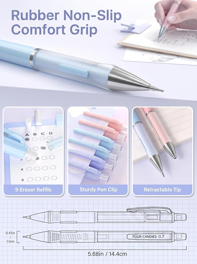 Four Candies Cute Pastel Mechanical Pencil Set, 3 Pack | 360 Lead Refills - Image 3