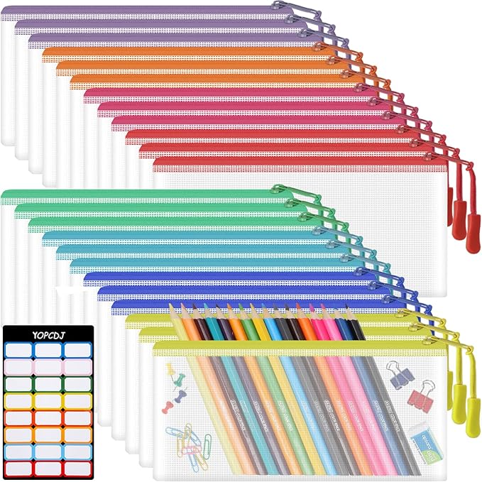 24pcs Mesh Zipper Pouch Bags 9.3 x 4.7 Inches, 8 Color Small Clear Pouches Bulk by YOPCDJ