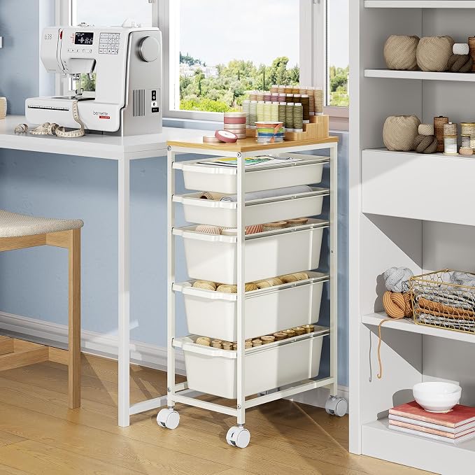 Slim Rolling Storage Cart with 5 Drawers, Craft Organizer, Wooden Tabletop - Image 8
