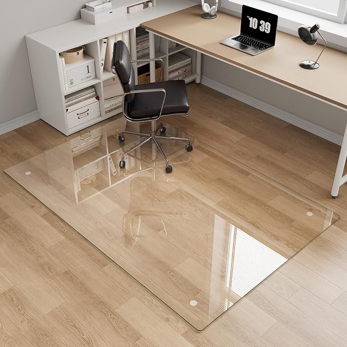 Tempered Glass Chair Mat, 4 Non‑Slip Pads, Smooth Glide & Easy Clean, Carpet by MYSUNORIA