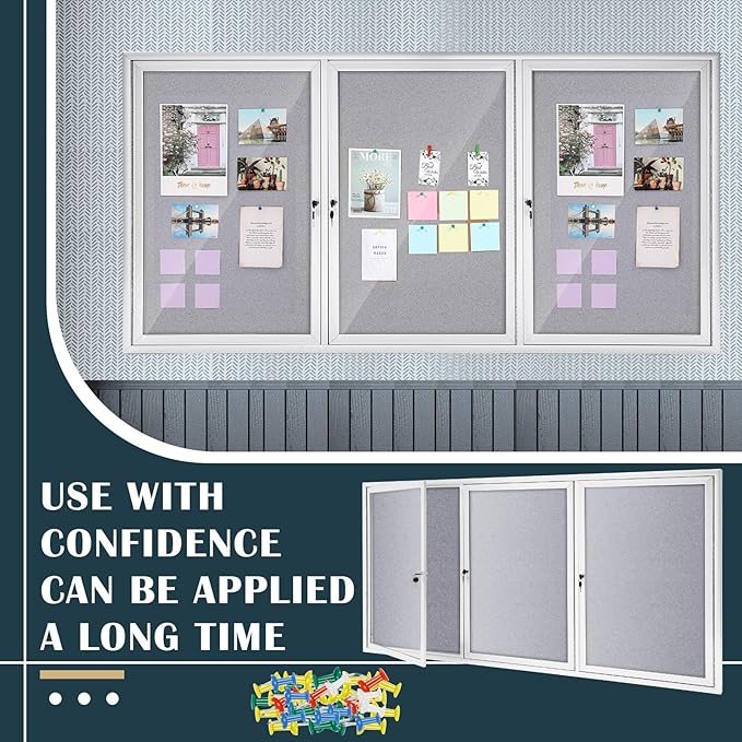 72" x 36" Enclosed Bulletin Board Outdoor 3 Door Weatherproof Tamper-Proof Enclosed Cork Board with Lock Aluminum Frame Display Case for Back to School, Office Commercial, 18xA4(Gray)-DeskLoop Office