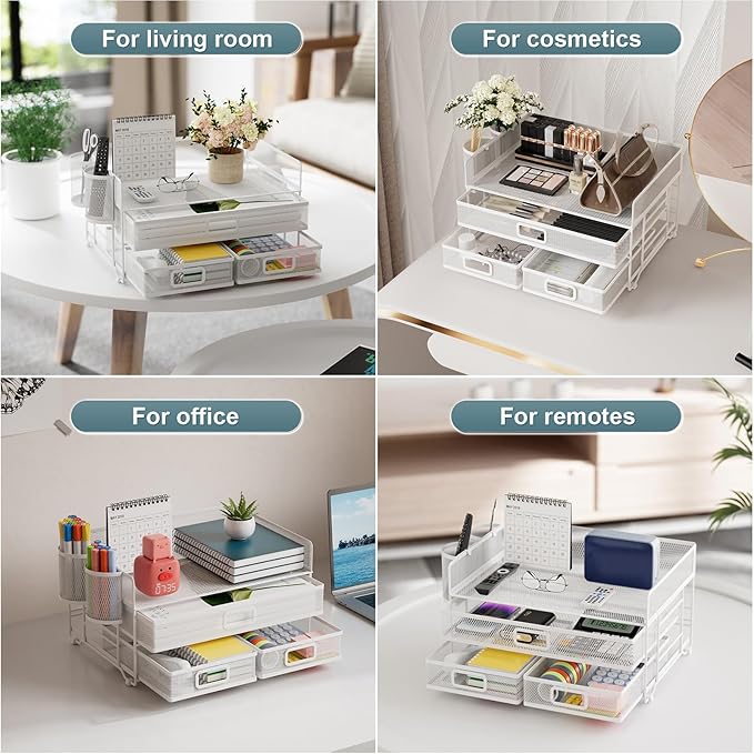 Marbrasse 3 Tier Mesh Desk Organizer with Drawer, Multi-Functional Desk Organizers and Accessories, Paper Letter Organizer with 2 Pen Holder for Home Office Supplies - White-DeskLoop Office