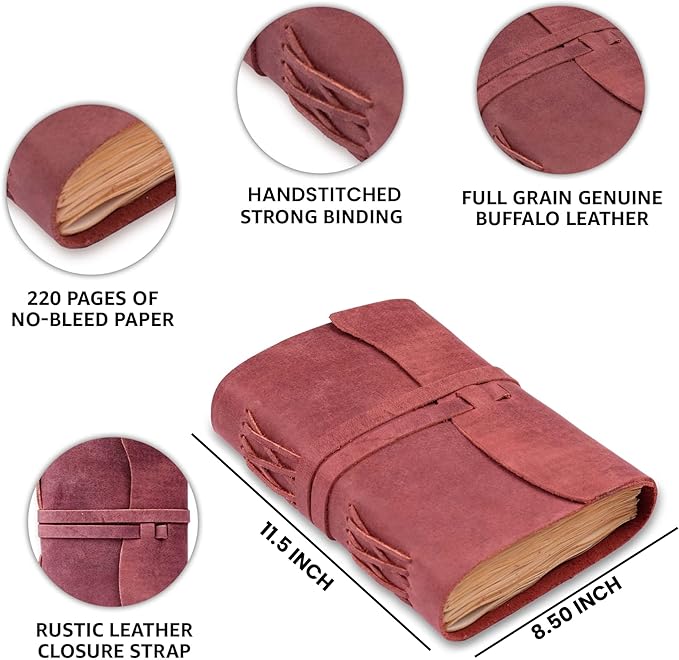 LEATHER VILLAGE Leather Bound Journal - Fuchsia, 11.5"X8.50", 220 Pages - Vintage Blank Paper Diary for Writing, Drawing, Sketchbook, and Travel Notebook - Ideal for Women and Men-DeskLoop Office