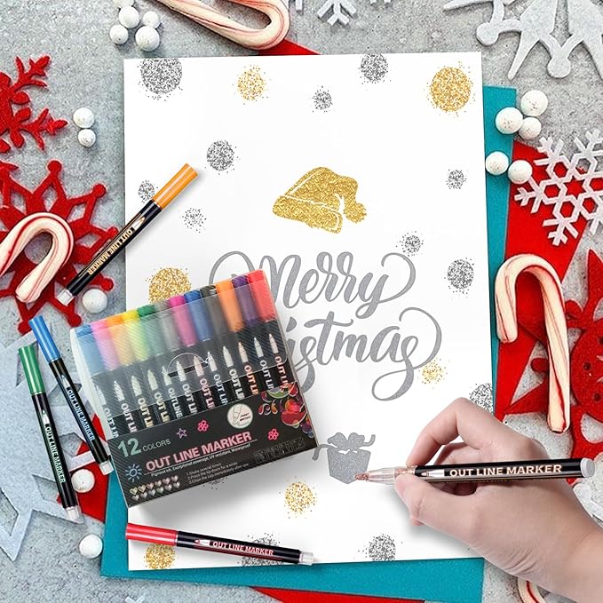 Outline Shimmer Markers, 12 Glitter Metallic Pens Tween Teen Girl Gifts Trendy Stuff 4-16 Year Old, Arts Crafts Kids Ages 8-12, Cool Travel Essentials for Kids Girls Ages 4-8-12-16