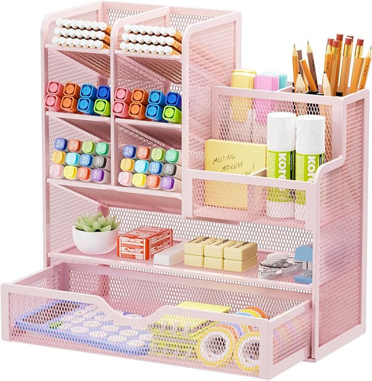 Marbrasse Mesh Desk Organizer with Drawer, Multi-Functional Pencil Organizer, 12 Compartments, Pink, Modern, Minimalist-DeskLoop Office