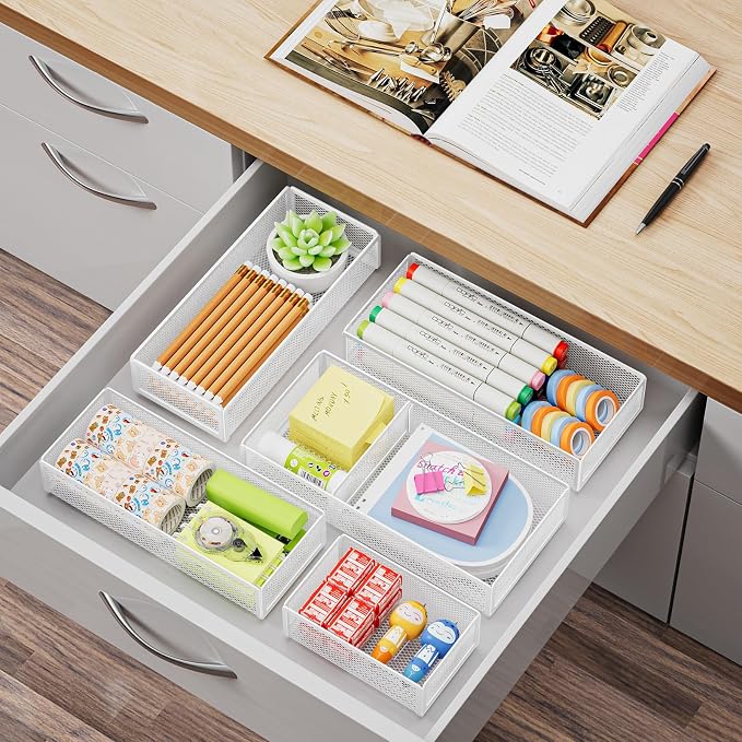 Marbrasse 5 Pack Desk Drawer Organizer Set, Mesh Drawer Storage Trays - Image 6