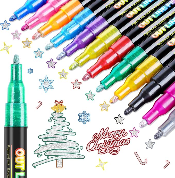 FUMILE 12 Colors Double Line Outline Markers, Glitter Markers by FUMILE