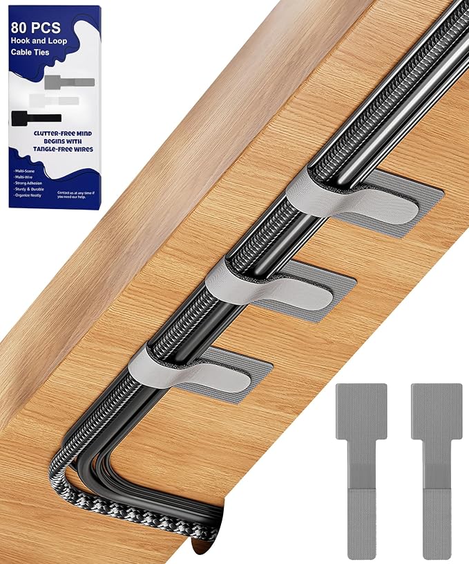 80PCS Hook and Loop Cable Ties, Under Desk Cable Management, Adhesive Cable by BTPIEL