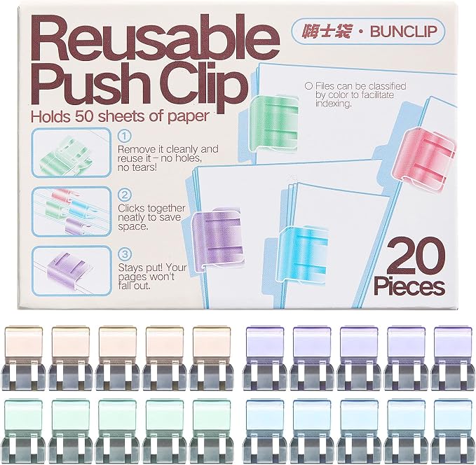 Push Paper & Binder Clips, 20 Pack 50 Sheet Heavy Duty No Damage | Reusable by Unknown